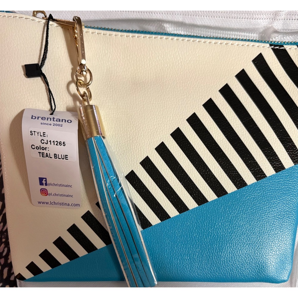 Brentano Teal Blue Geometric Colorblock Tassel Clutch Bag‎ NWT